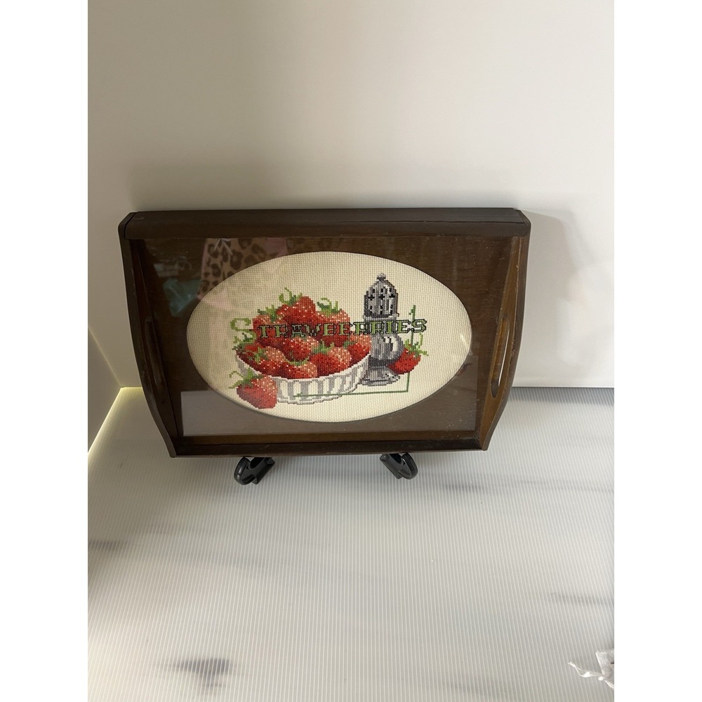 Vintage Needle‎ Point Strawberries Wooden Tray 13" X 10"